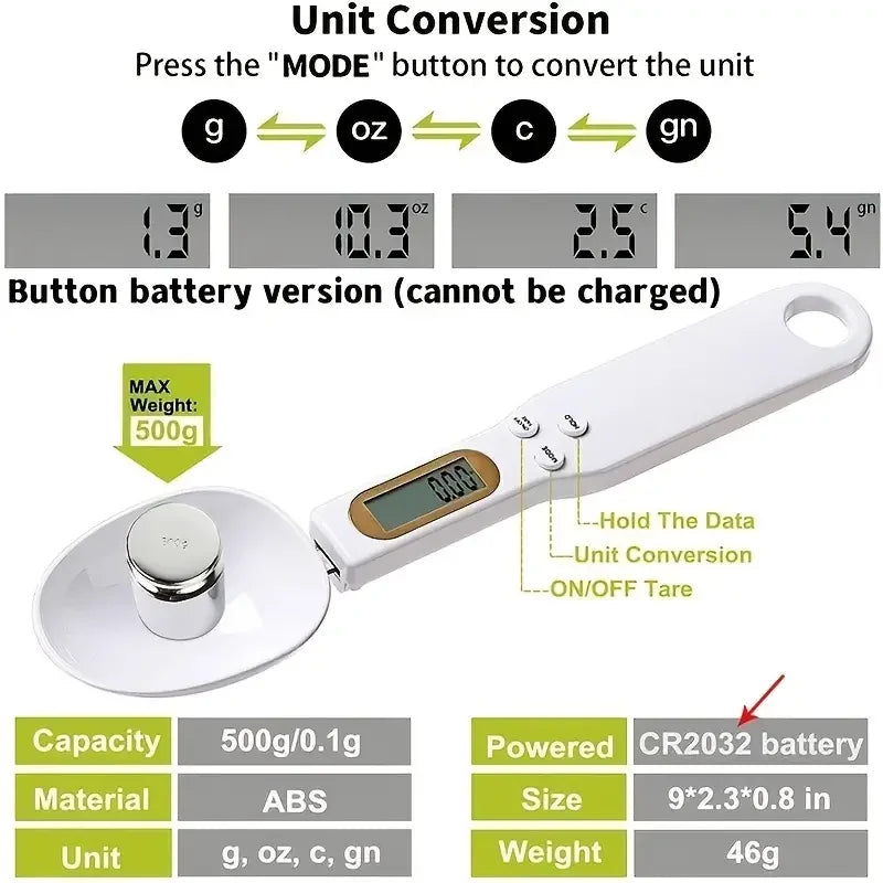 Digitale Mini-Küchenwaage mit Löffelschale (0,1–500 g)